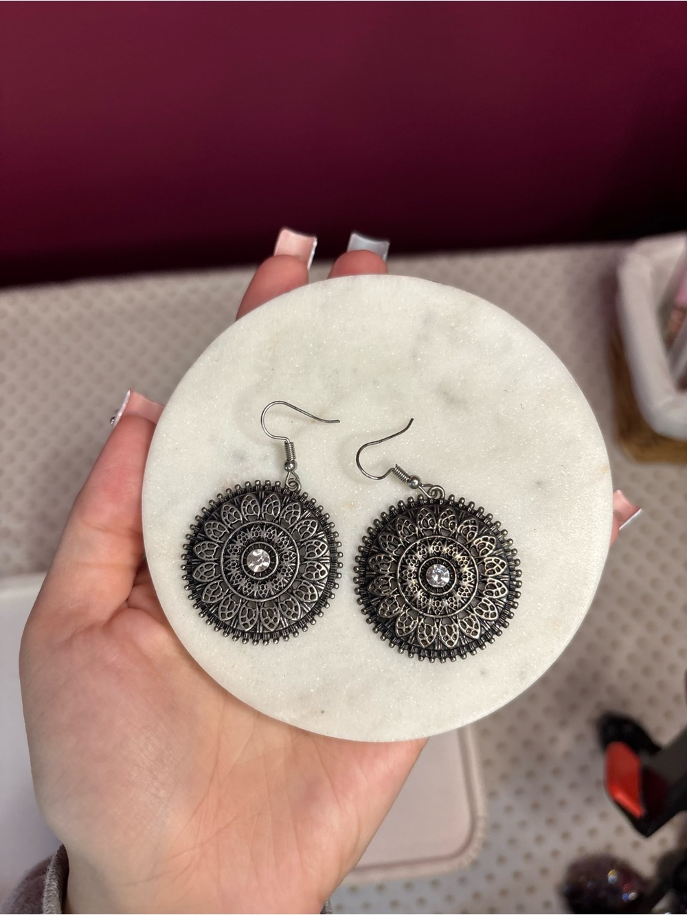 Boho Round Drop Earrings - Silver Tone
